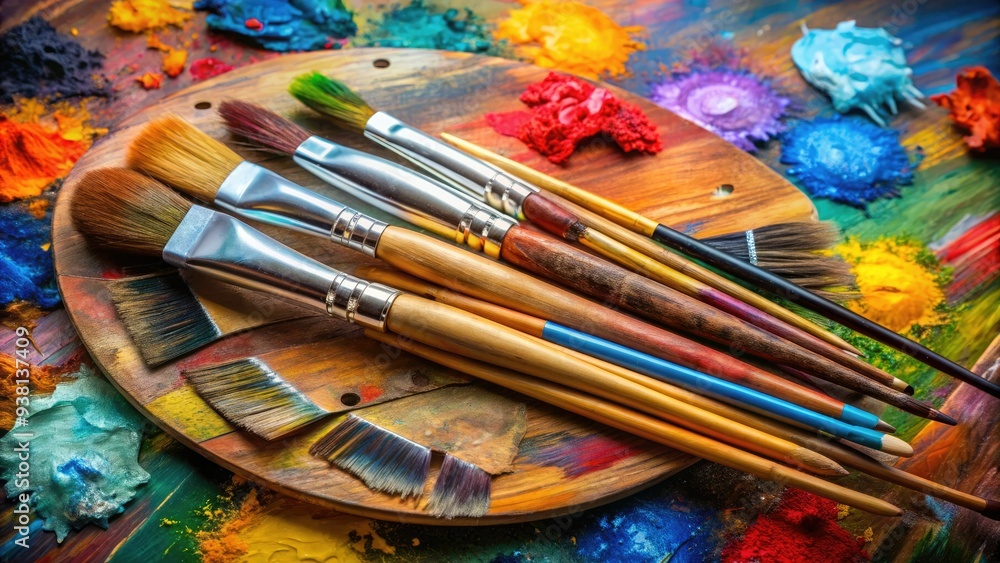 Assortment Of Painting Brushes Lies On An Artist'S Palette Stained With Mixed Colorful Acrylic Paint Assortment Of Painting Brushes Lies On An Artist'S Palette Stained With Mixed Colorful Acrylic Paint