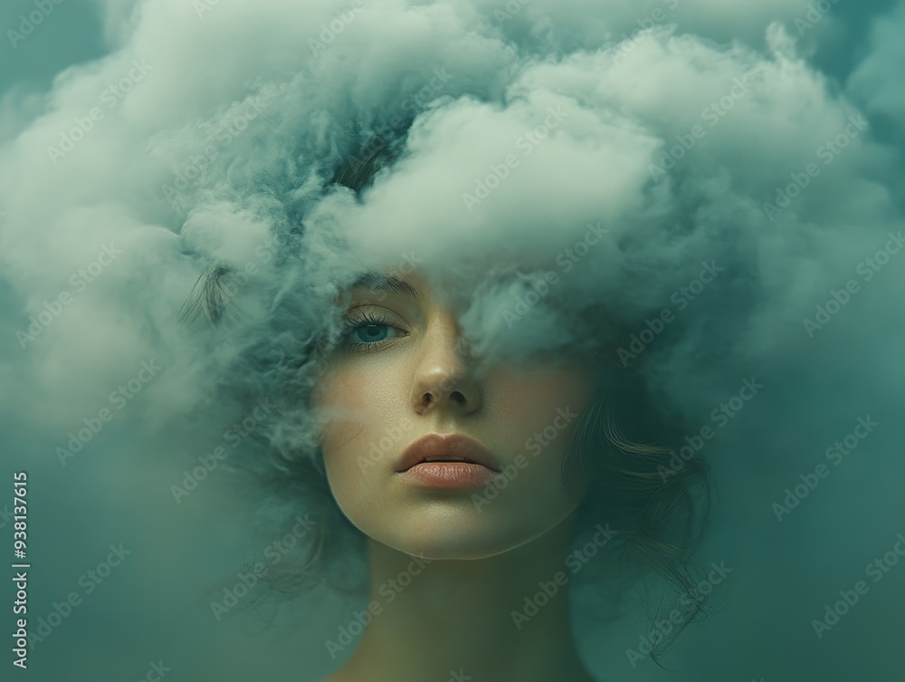 Lost in the Clouds: A captivating portrait of a young woman, her face obscured by wispy clouds, evokes a sense of mystery, introspection, and the ephemeral nature of thoughts.  