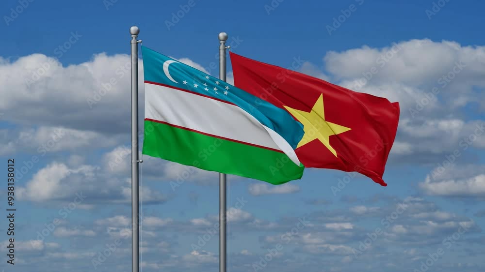 Vietnam and Uzbekistan flags flying together, video concept of the relationship Vietnam and Uzbekistan flags flying together, video concept of the relationship