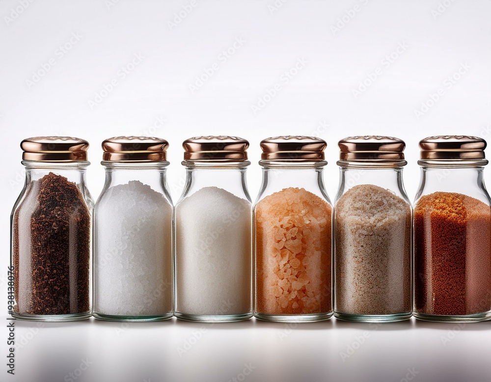 Assorted Gourmet Salts in Elegant Glass Containers on Clean White Backdrop Assorted Gourmet Salts in Elegant Glass Containers on Clean White Backdrop