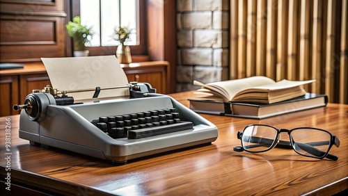 A stenotype machine sits on a desk, surrounded by transcription papers and a pair of glasses, ready for a court reporter to transcribe proceedings. photo