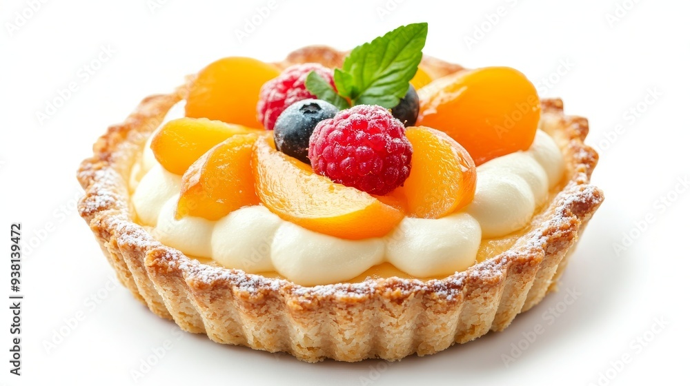 Apricot and cream curd tartlet with berries and mint leaves on a white background
Apricot and cream curd tartlet with berries and mint leaves on a white background