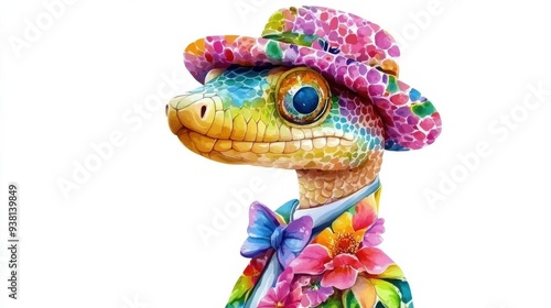 A colorful snake wearing a hat and a flowery shirt