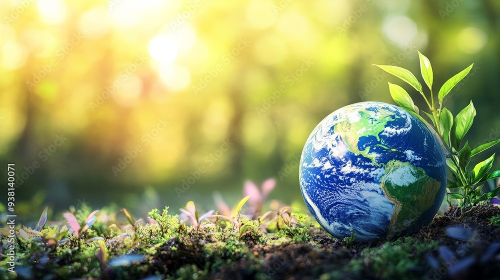 Small globe nestled in lush greenery, symbolizing environmental conservation and the beauty of nature. Sunlight filters through the background. Small globe nestled in lush greenery, symbolizing environmental conservation and the beauty of nature. Sunlight filters through the background.