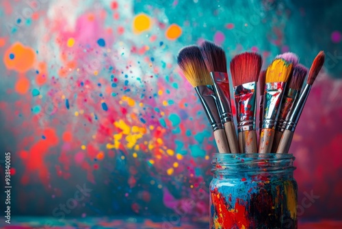 Vibrant Collection of Art Brushes in a Colorful Paint Splattered Jar