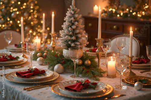 Beautiful christmas dinner table in red and white - AI generated