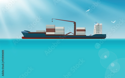 Illustration of a cargo ship with containers sailing on the sea. Vector