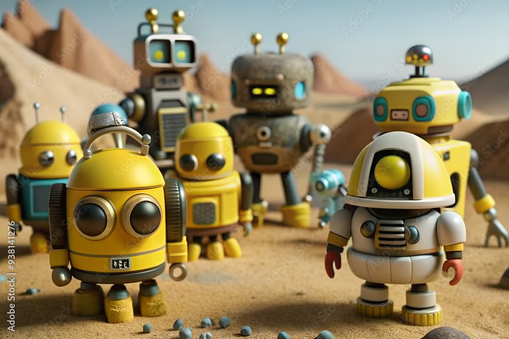 Fototapeta premium Clay modeling style, Plasticine robot, desert scene