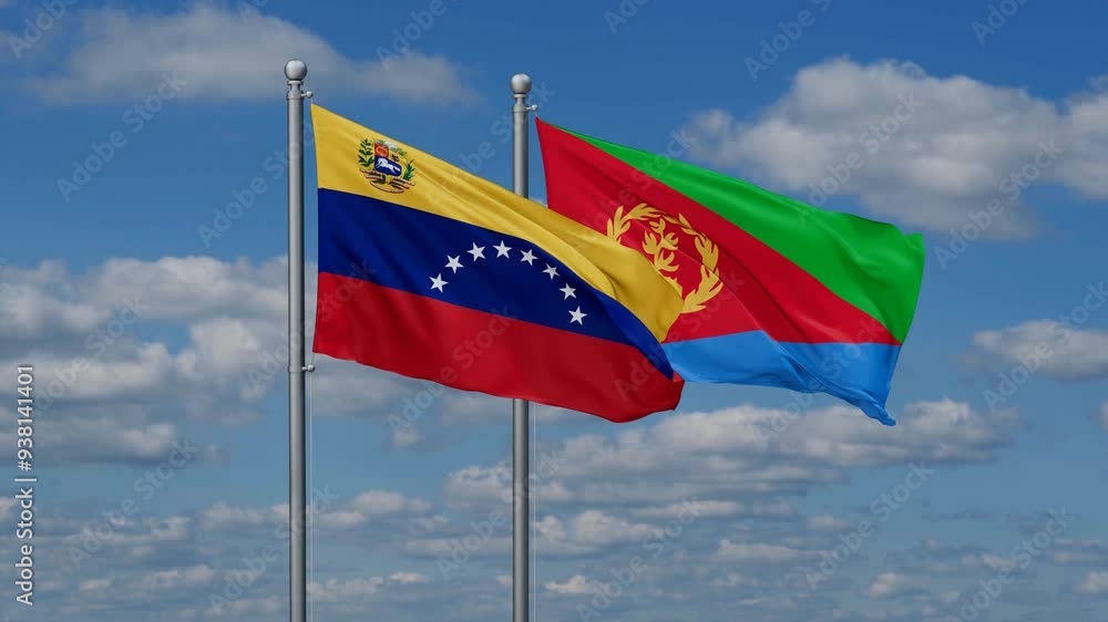 Eritrea and Venezuela flags flying together, video concept of the relationship, two country cooperation concept Eritrea and Venezuela flags flying together, video concept of the relationship, two country cooperation concept