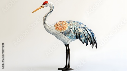 44. **A lifelike 3D render of a ceramic tile art featuring a graceful crane with intricate tilework, isolated on a white background photo