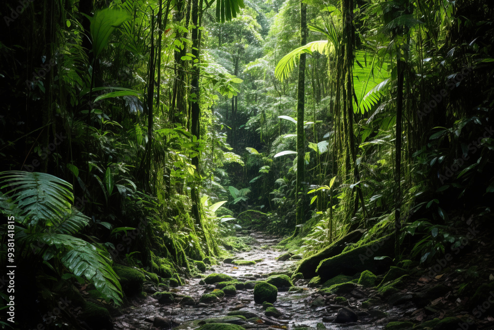 Lush Green Rainforest Path with Stream Lush Green Rainforest Path with Stream