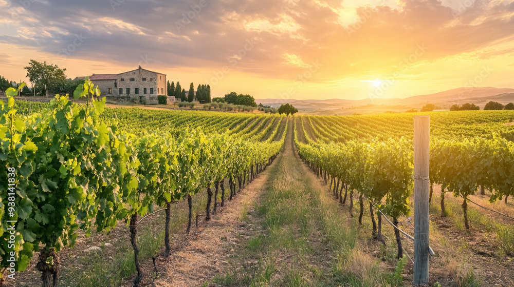 Naklejka premium tranquil vineyard at dusk, serene wine-making scenery
