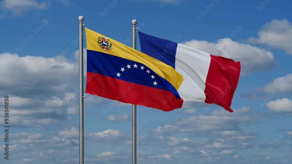 France and Venezuela flags waving together, video concept of the relationship, two country relations concept France and Venezuela flags waving together, video concept of the relationship, two country relations concept