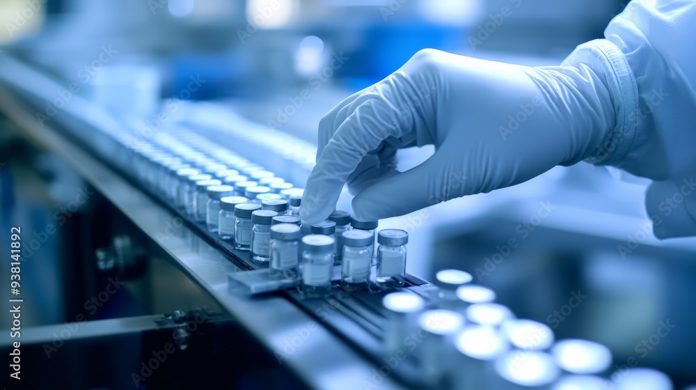 Scientist's hand sorting vials on conveyor belt in laboratory, showcasing advanced production of pharmaceutical products. Scientist's hand sorting vials on conveyor belt in laboratory, showcasing advanced production of pharmaceutical products.