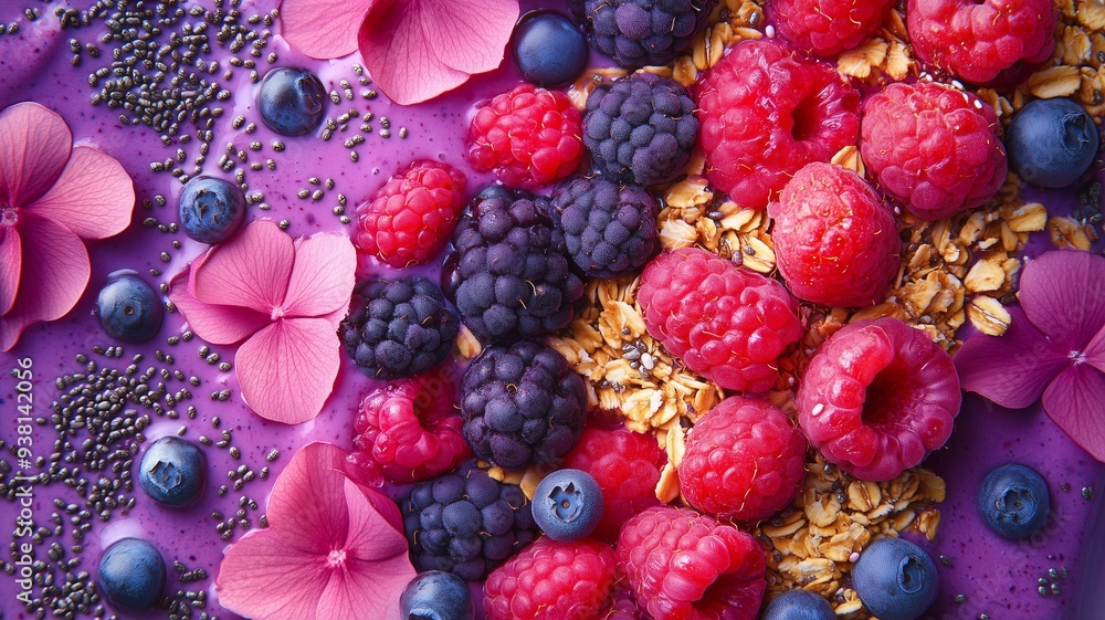 A vibrant breakfast smoothie bowl with fresh berries, granola, and chia seeds, arranged in a visually appealing pattern A vibrant breakfast smoothie bowl with fresh berries, granola, and chia seeds, arranged in a visually appealing pattern