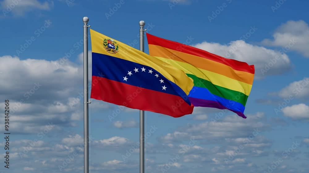 LGBT movement flag also Gay Pride and Venezuela two flags waving cycle looped video, tolerance conception in country LGBT movement flag also Gay Pride and Venezuela two flags waving cycle looped video, tolerance conception in country