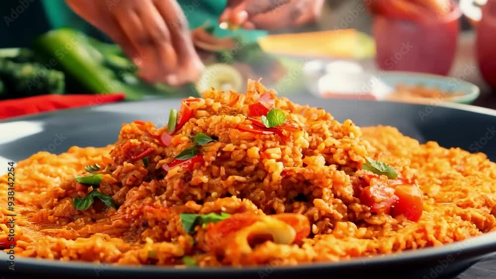 Chef adding herbs on top of steaming dish of jollof rice