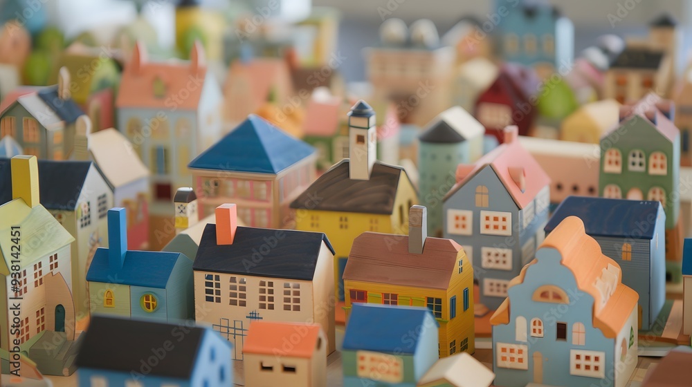 Close-up of wooden toy model home and houses Close-up of wooden toy model home and houses
