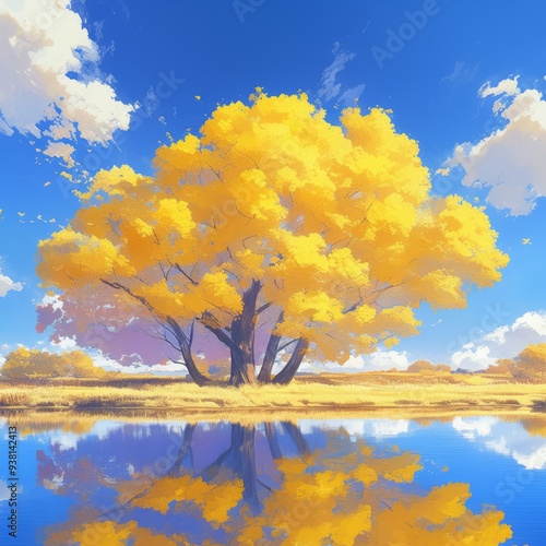 Enchanting Autumn Lakeside: Anime-Style Landscape with Vibrant Fall Colors Reflecting in Tranquil Waters. AI-Generated Illustration Captures Nature's Cycle, Perfect for Travel Marketing, Outdoor Adven photo