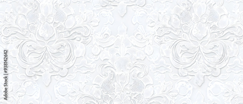 A flat vector illustration background of a seamless lace pattern on white cotton fabric, incorporating vintage lace motifs, ornate details, interwoven patterns, delicate and elegant