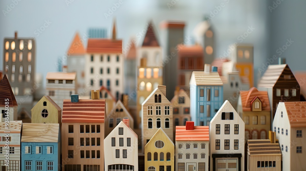 Fototapeta premium Close-up of wooden toy model home and houses