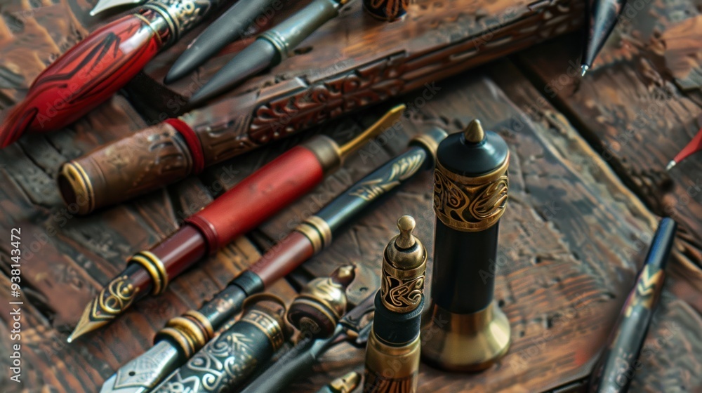 Antique fountain pens and inkwells on a rustic wooden table.  Concepts. writing, calligraphy, history, vintage, art, craft, antique