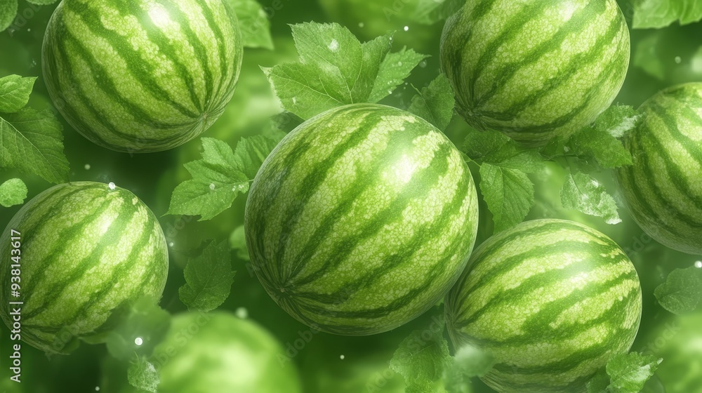 Fresh Green Watermelons With Leaves and Water Drops Fresh Green Watermelons With Leaves and Water Drops