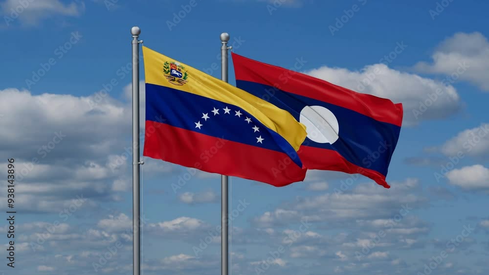 Laos and Venezuela flags flying together, video concept of the relationship, two country relations concept Laos and Venezuela flags flying together, video concept of the relationship, two country relations concept