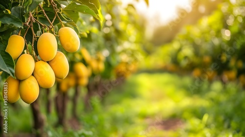 Lush verdant mango plantation with clusters of ripe golden yellow mangoes hanging from the branches  The scene depicts a thriving sustainable agricultural landscape full of natural abundance