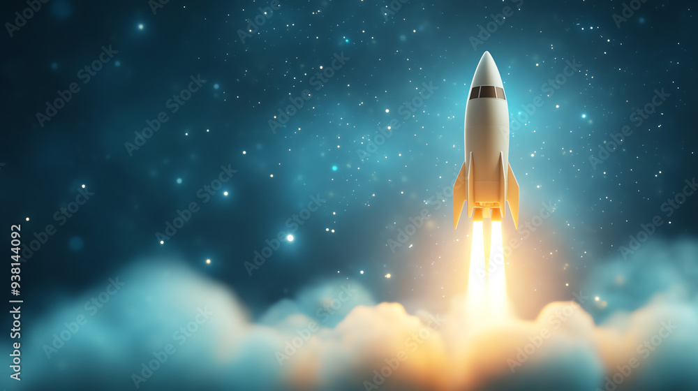A rocket launches into the starry sky, leaving a trail of flames and smoke, symbolizing exploration and innovation in aerospace. A rocket launches into the starry sky, leaving a trail of flames and smoke, symbolizing exploration and innovation in aerospace.