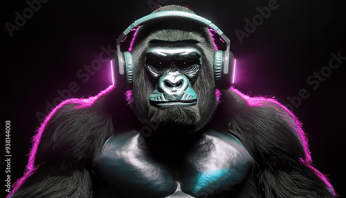 Large black gorilla smiling with black Headphones.