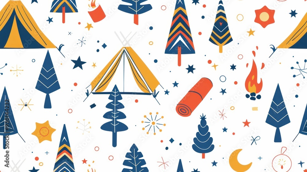 Camping seamless pattern. Adventure background with tents, fire, and trees. Perfect for travel, outdoor, and nature-themed designs. Camping seamless pattern. Adventure background with tents, fire, and trees. Perfect for travel, outdoor, and nature-themed designs.