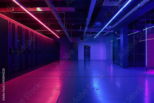 A data center with rows of servers and equipment, featuring organized racks and advanced technology, representing a high-tech hub for data management.