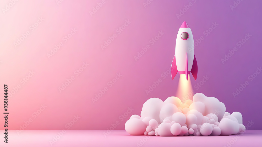 A vibrant, modern rocket launching into a pastel sky, symbolizing innovation and exploration in a whimsical design. A vibrant, modern rocket launching into a pastel sky, symbolizing innovation and exploration in a whimsical design.