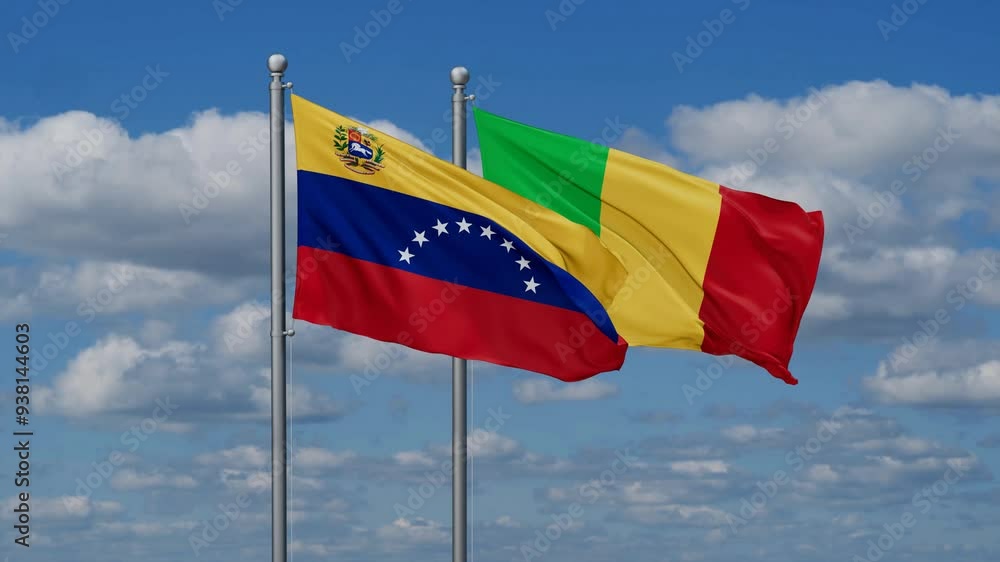Mali and Venezuela flags waving together, video concept of the relationship, two country relations concept Mali and Venezuela flags waving together, video concept of the relationship, two country relations concept