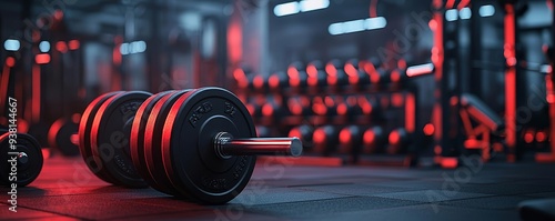 Dimly lit, futuristic gym with strong red lighting and shadows, showcasing the raw power of an empty weight room at night