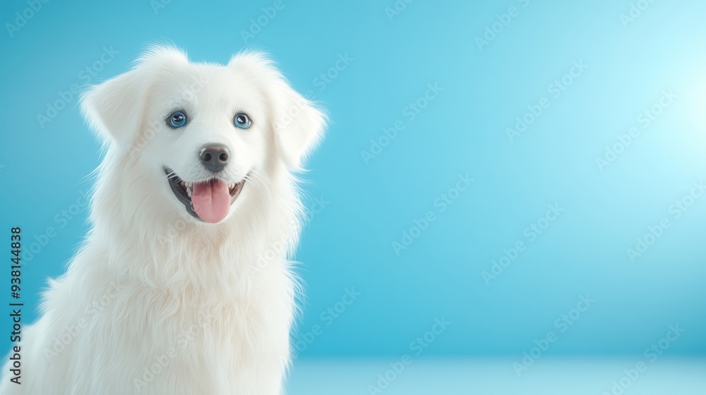 Happy White Dog with Blue Eyes on Blue Background Happy White Dog with Blue Eyes on Blue Background