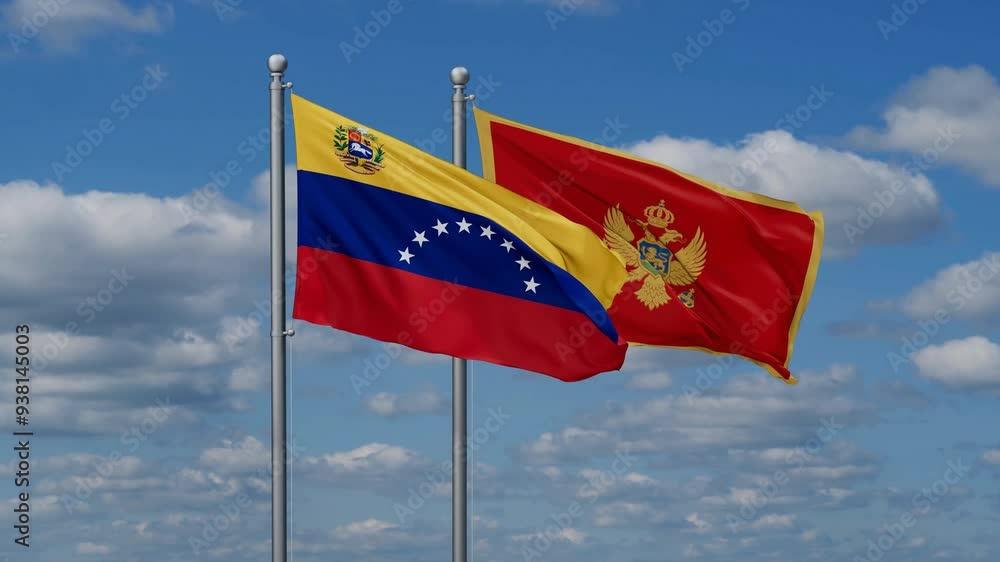 Montenegro and Venezuela flags flying together, video concept of the relationship, two country cooperation concept Montenegro and Venezuela flags flying together, video concept of the relationship, two country cooperation concept