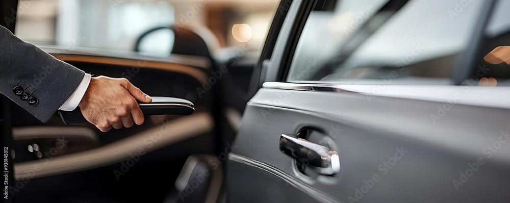 A private driver opens a luxury car door, capturing the essence of VIP service and sophisticated transportation A private driver opens a luxury car door, capturing the essence of VIP service and sophisticated transportation