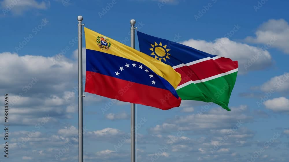Venezuela and Namibia flags flying together, video concept of the relationship, two country relations concept Venezuela and Namibia flags flying together, video concept of the relationship, two country relations concept