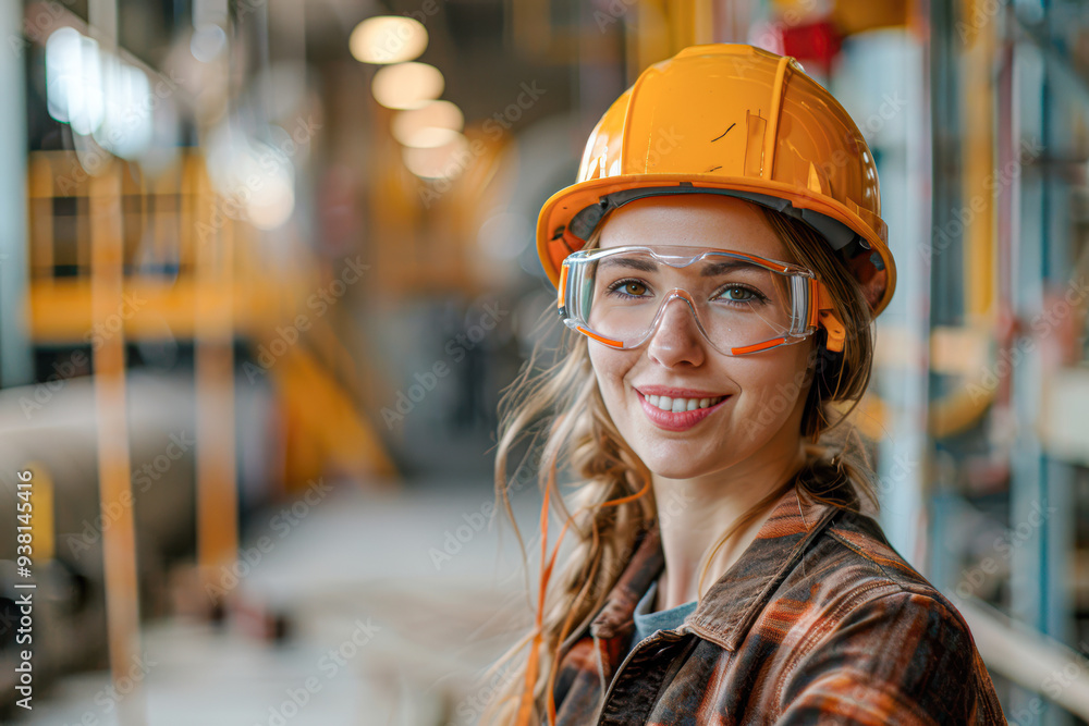 A woman wearing a yellow helmet and safety glasses is smiling A woman wearing a yellow helmet and safety glasses is smiling