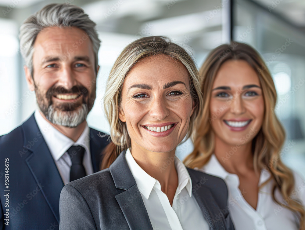 Three people are smiling for the camera, all dressed in business attire Three people are smiling for the camera, all dressed in business attire