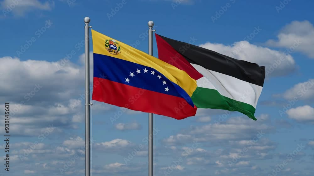 Palestine and Gaza Strip and Venezuela two flags waving together on blue , video concept of the relationship Palestine and Gaza Strip and Venezuela two flags waving together on blue , video concept of the relationship
