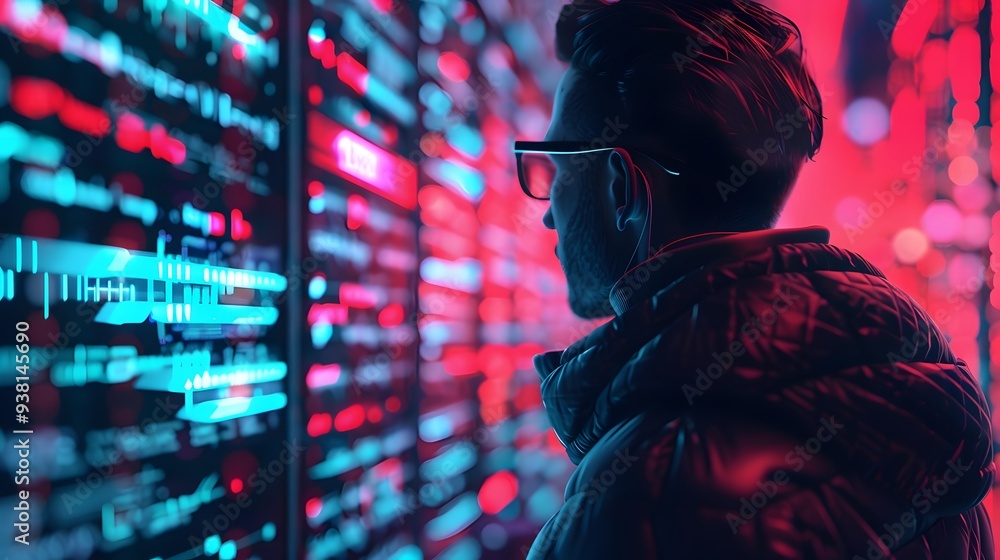 Digital portrait of a hacker in a virtual world with neon code patterns from natural gas Digital portrait of a hacker in a virtual world with neon code patterns from natural gas