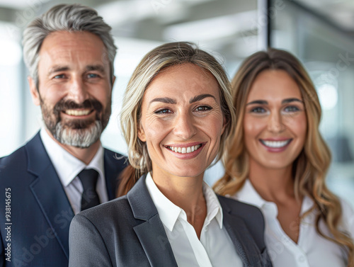 Three people are smiling for the camera, all dressed in business attire