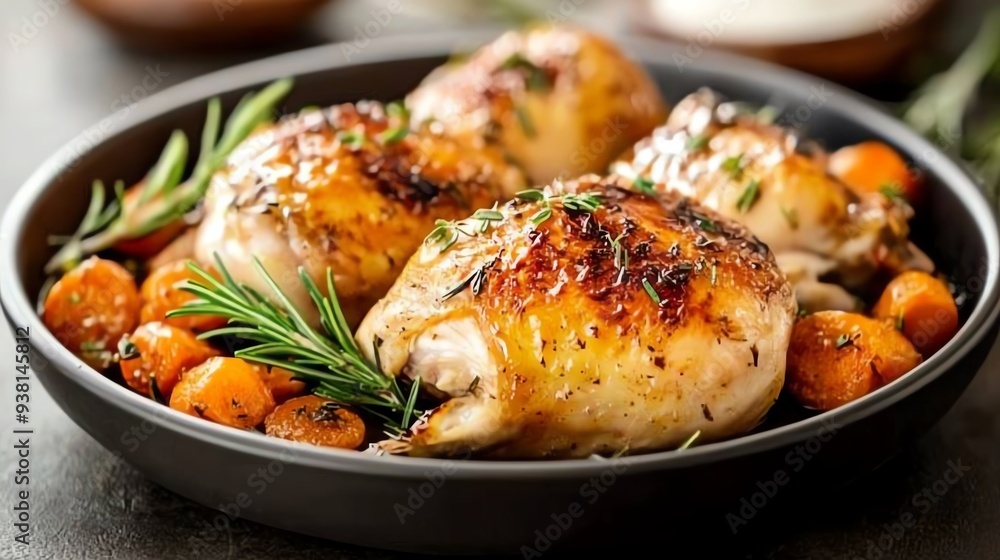 3 Juicy roasted chicken with crispy skin, golden brown, served with a side of glazed carrots and rosemary, rustic setting 3 Juicy roasted chicken with crispy skin, golden brown, served with a side of glazed carrots and rosemary, rustic setting
