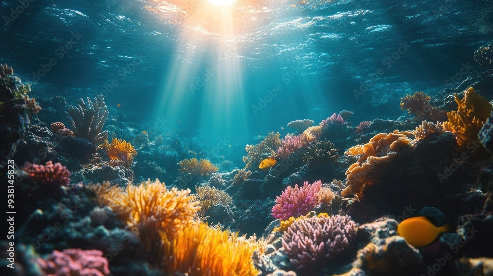 Naklejka premium Underwater Coral Reef with Sunbeams