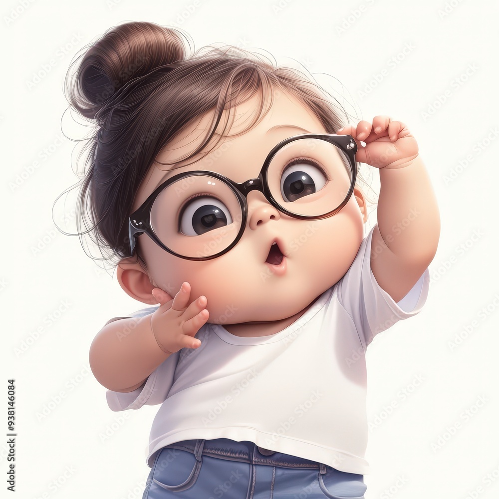 A cute cartoon girl with big eyes wearing glasses and looking up with a surprised expression. A cute cartoon girl with big eyes wearing glasses and looking up with a surprised expression.