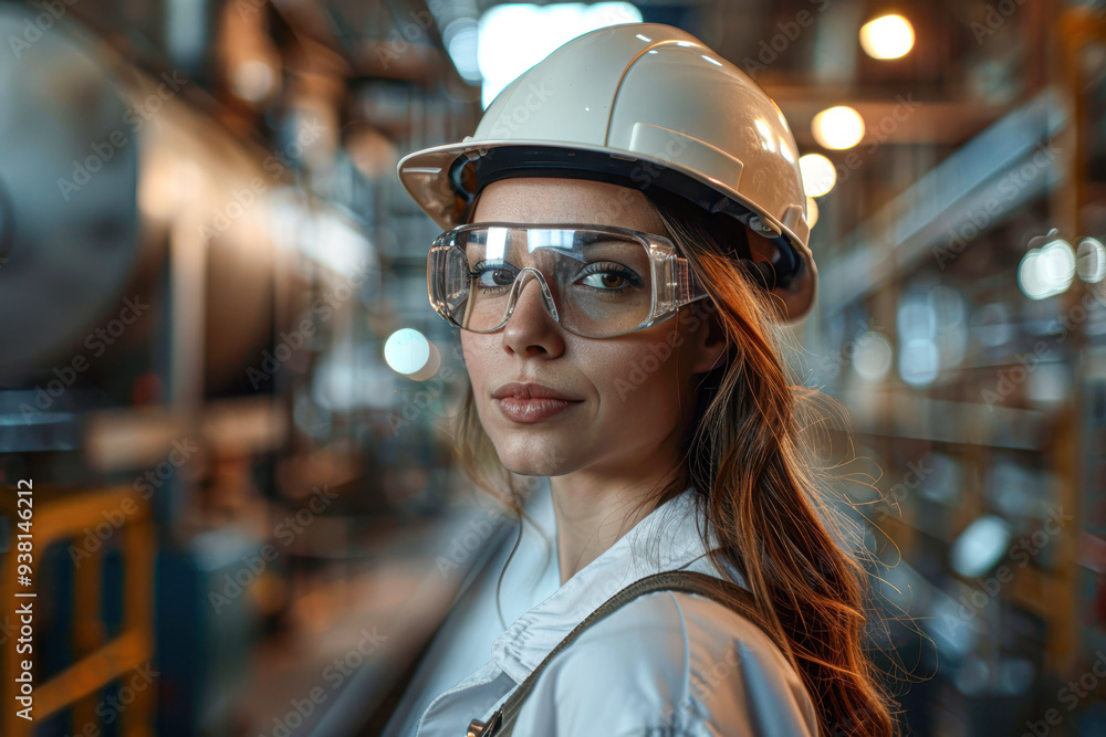 A woman wearing a hard hat and safety glasses stands in front of a building A woman wearing a hard hat and safety glasses stands in front of a building