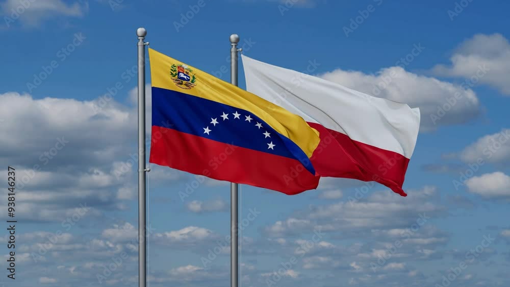 Poland and Venezuela flags flying together, video concept of the relationship, two country cooperation concept Poland and Venezuela flags flying together, video concept of the relationship, two country cooperation concept